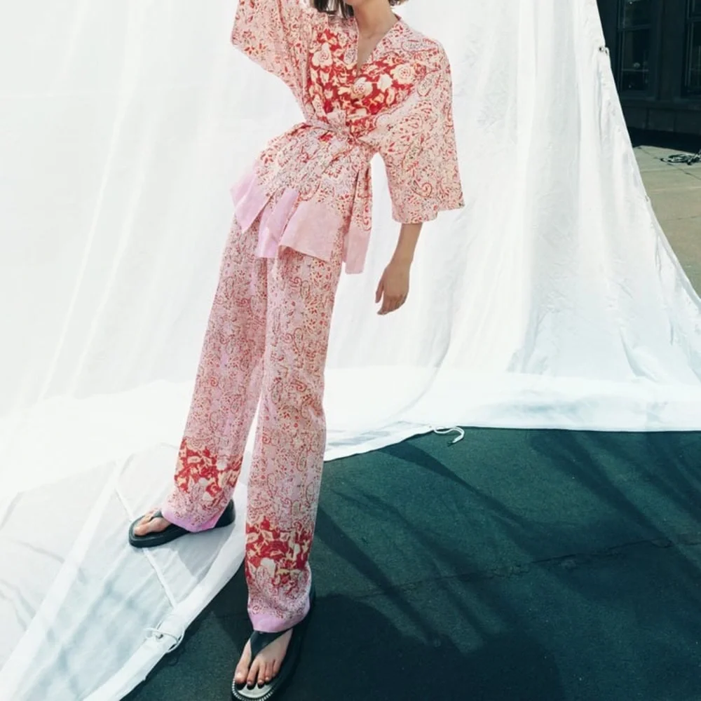ZARA‎ WIDE-LEG PRINTED LINEN BLEND TROUSERS